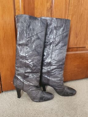 Frye Women's Snakeskin Tall Heeled Boots in Dark Gray